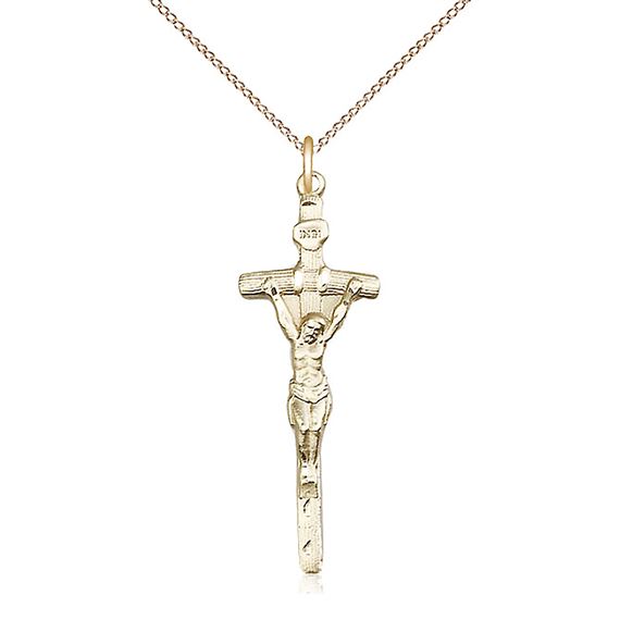 14KT GOLD FILLED PAPAL CRUCIFIX PENDANT WITH CHAIN - 1 3/8" x 1/2"