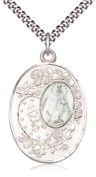 STERLING SILVER MIRACULOUS PENDANT WITH CHAIN - 1 3/8" x 7/8"