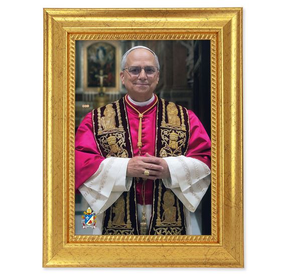 POPE LEO XIV OFFICIAL PORTRAIT IN GOLD LEAF FRAME WITH EASEL BACK (6 ¾” x 8 ¾”)