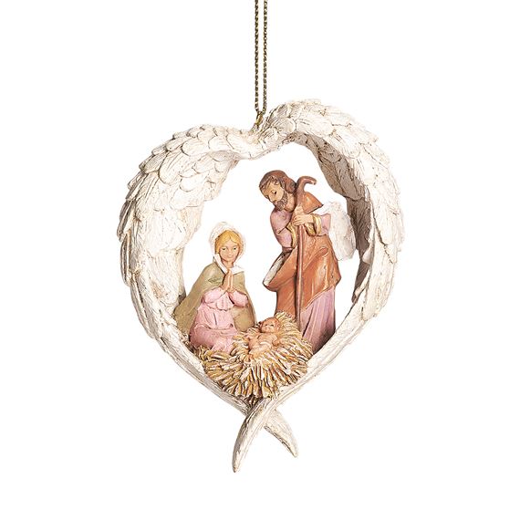 FONTANINI HOLY FAMILY IN ANGEL WINGS ORNAMENT