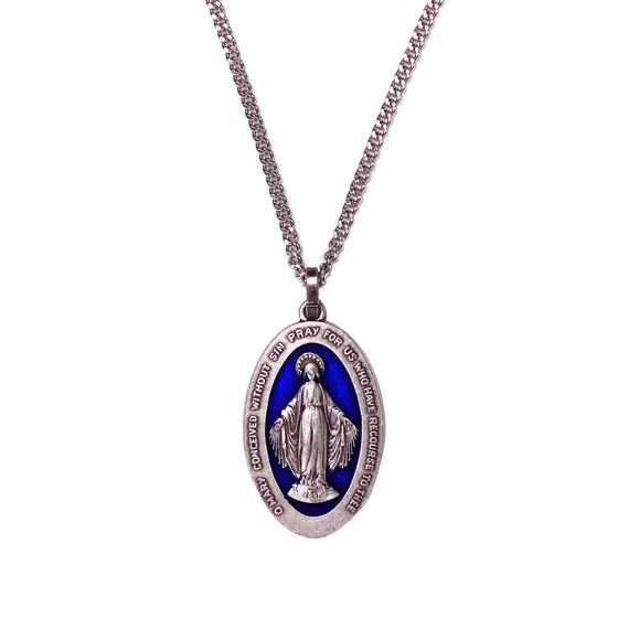 MIRACULOUS MEDAL WITH BLUE ENAMEL 20" NECKLACE