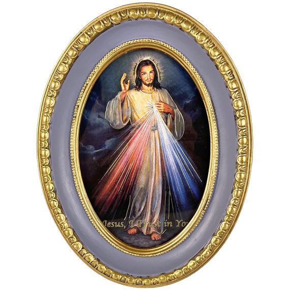DIVINE MERCY - OVAL GOLD LEAF FRAME WITH EASEL BACK
