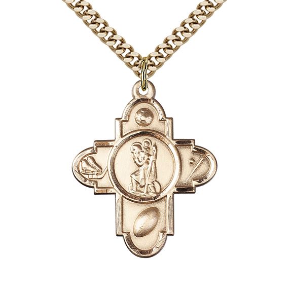 14KT GOLD FILLED ST CHRISTOPHER 5-WAY PENDANT WITH CHAIN - 1 1/8" x 7/8"