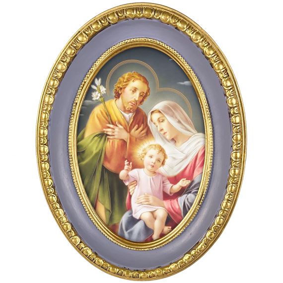HOLY FAMILY - OVAL GOLD LEAF FRAME WITH EASEL BACK