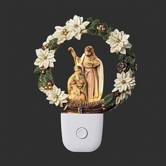 FONTANINI HOLY FAMILY POINSETTIA WREATH NIGHT LIGHT - 5 3/4"