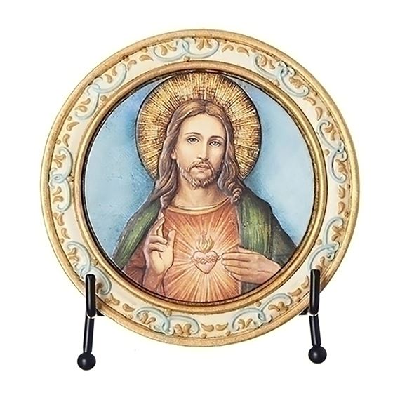 SACRED HEART OF JESUS ROUND PLAQUE WITH EASEL