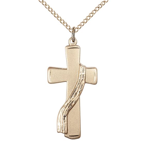 14KT GOLD FILLED DEACON CROSS PENDANT WITH CHAIN - 1 1/8" x 1/2"