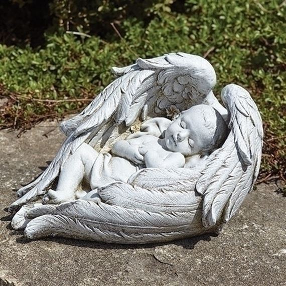SLEEPING BABY IN ANGEL WINGS GARDEN STATUE - 10¼” x 6½”