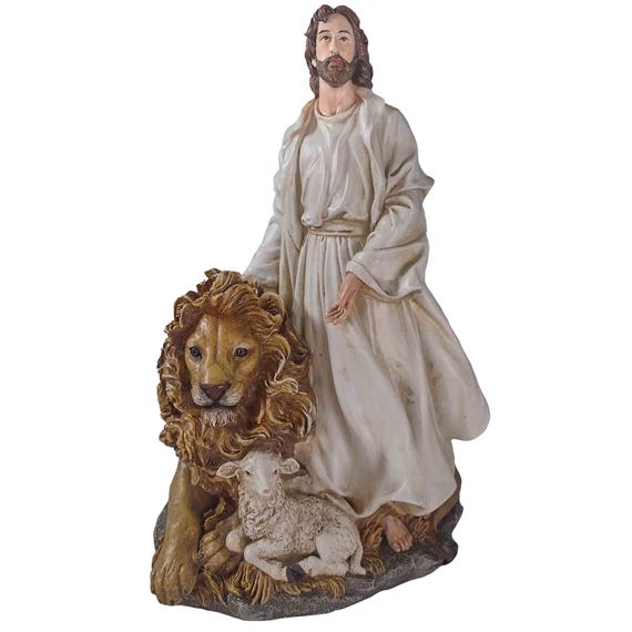JESUS WITH LION & LAMB STATUE - 12"