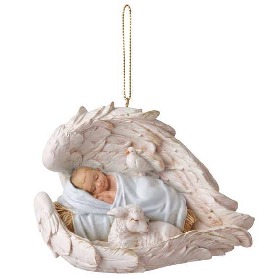 BABY JESUS IN BLUE SWADDLING RESTING WITH A LAMB IN ANGEL WINGS ORNAMENT 2 3/4"