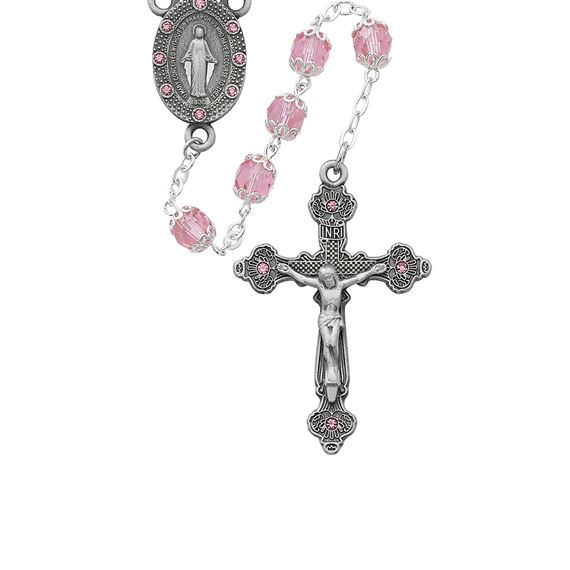 PEWTER CAPPED PINK STONE ROSARY