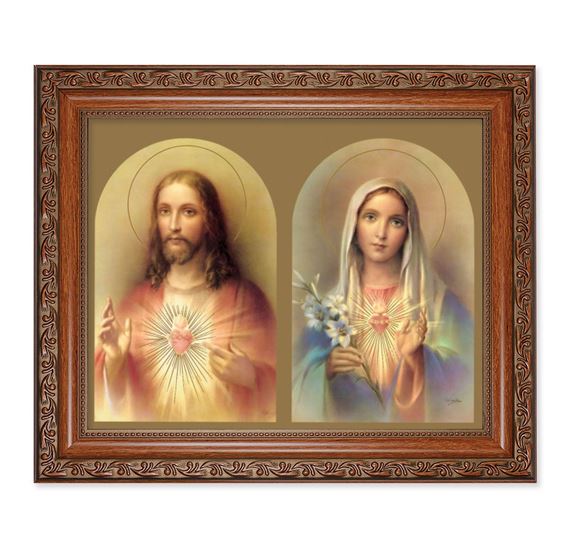 SACRED HEART AND IMMACULATE HEART IN BROWN FRAME (12" x 10 1/4"