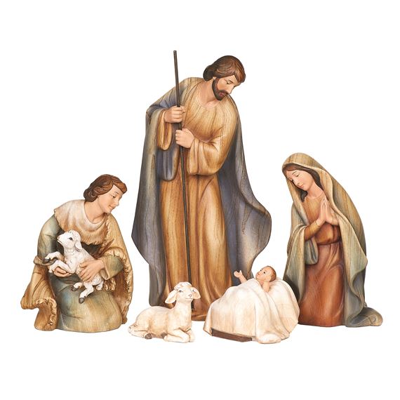 PAINTED WOOD-LOOK 5-PIECE NATIVITY