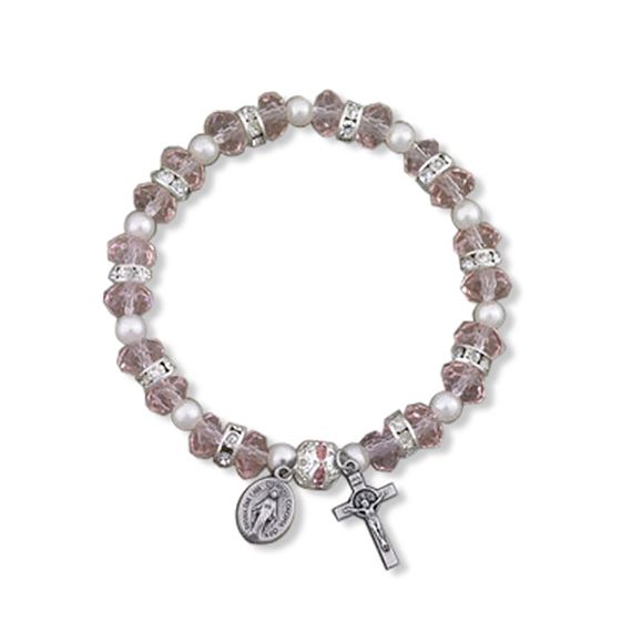CRYSTAL ROSARY STRETCH BRACELET - ROSE