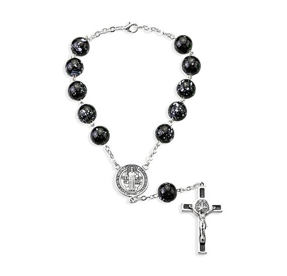 ST. BENEDICT SPECKLED BLACK GLASS BEAD AUTO ROSARY