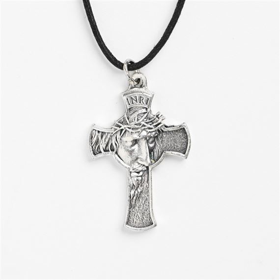 FACE OF JESUS CROSS NECKLACE ON CORD
