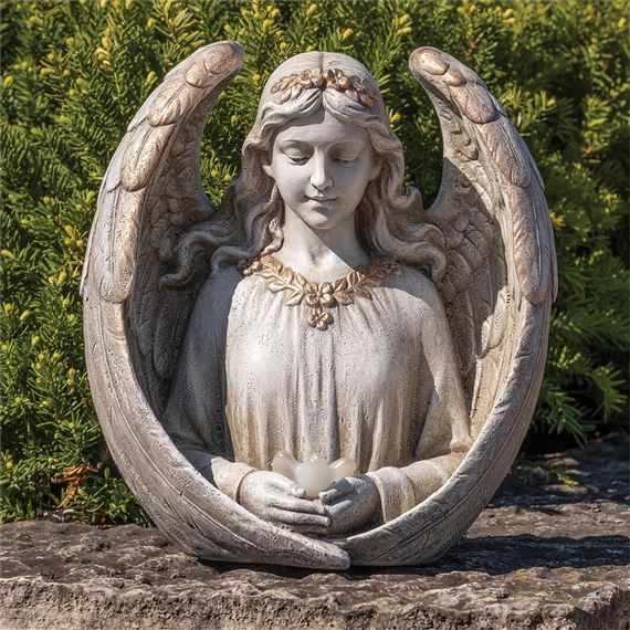 ANGEL BUST WITH BIRD - SOLAR LED GARDEN STATUE - 13"