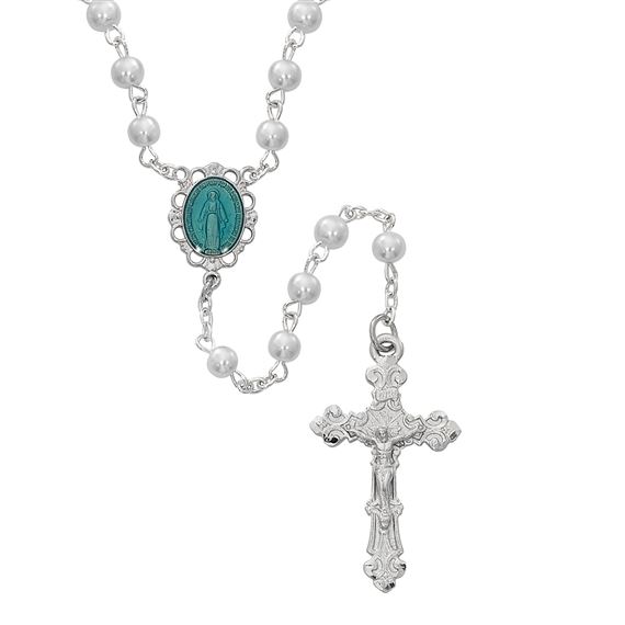 PEARL ROSARY WITH BLUE  MIRACULOUS MEDAL CENTER