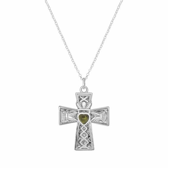 CONNEMARA MARBLE STERLING SILVER CLADDAGH CROSS PENDANT ON 18" CHAIN