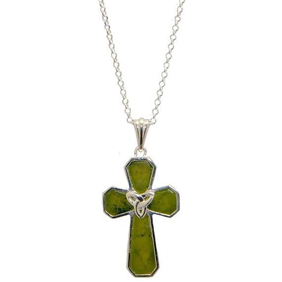 CONNEMARA MARBLE STERLING SILVER TRINITY KNOT CROSS PENDANT ON 18" CHAIN