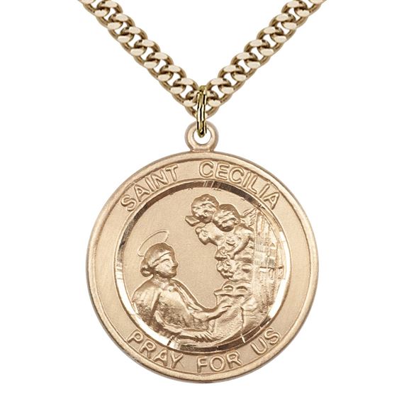 14KT GOLD FILLED ST CECILIA PENDANT WITH CHAIN - 1" x 7/8"