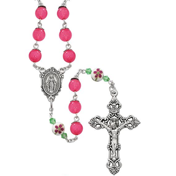 PINK ROSARY WITH CERAMIC FLOWER BEADS