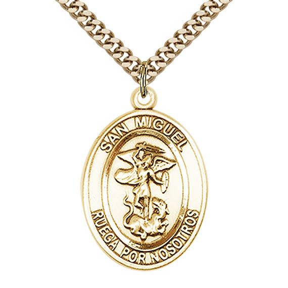GOLD FILLED SAN MIGUEL ARCANGEL PENDANT ON A CHAIN - 1" x 3/4"