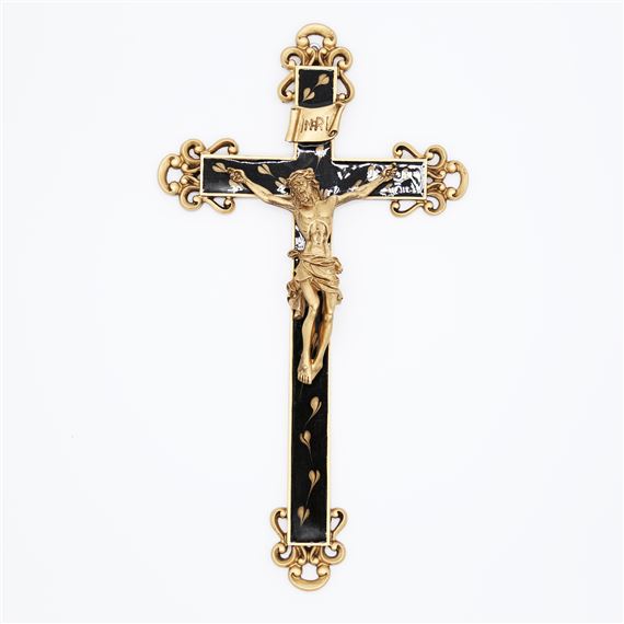 ORNATE ANTIQUE GOLD CRUCIFIX WITH FLORAL EPOXY