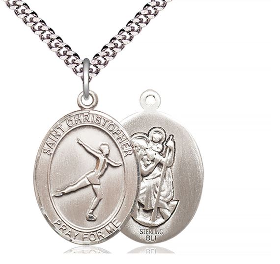 STERLING SILVER ST CHRISTOPHER FIGURE SKATING MEDAL - 1" x 3/4"