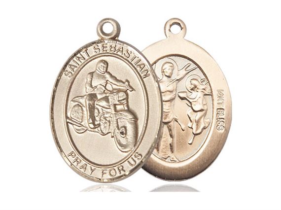 14KT GOLD ST SEBASTIAN MOTORCYCLE MEDAL - 1/2" x 1/4"