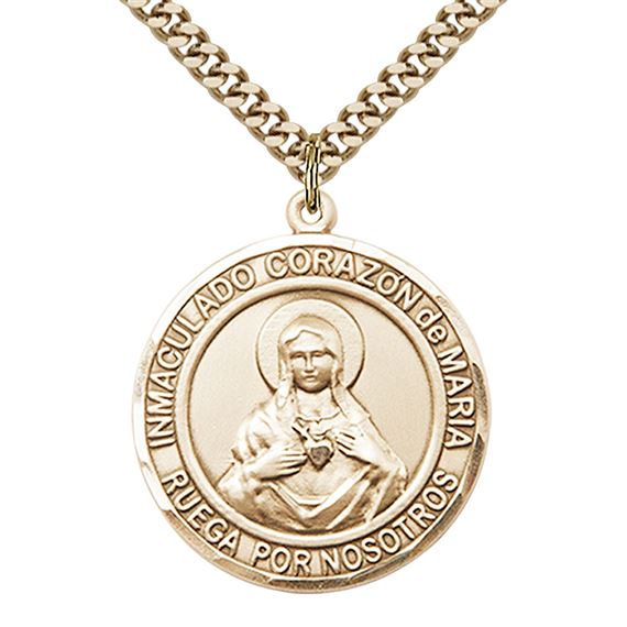 GOLD FILLED CORAZON INMACULADO DE MARIA PENDANT ON A CHAIN - 1" x 7/8"