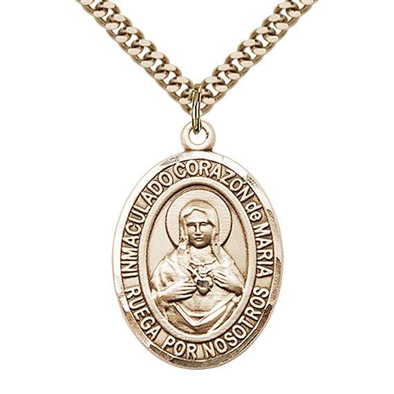 GOLD FILLED CORAZON INMACULADO DE MARIA PENDANT ON A CHAIN - 1" x 3/4"