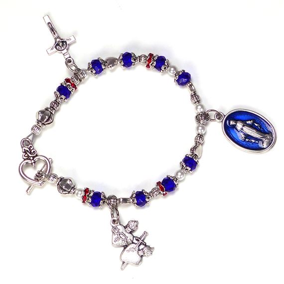 PATRIOTIC NOVENA BRACELET - Blue Enameled Miraculous Medal, Two Hearts Medal and Benedictine Crucifix