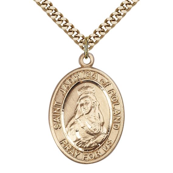 14KT GOLD FILLED ST JADWIGA OF POLAND PENDANT WITH CHAIN - 1" x 3/4"