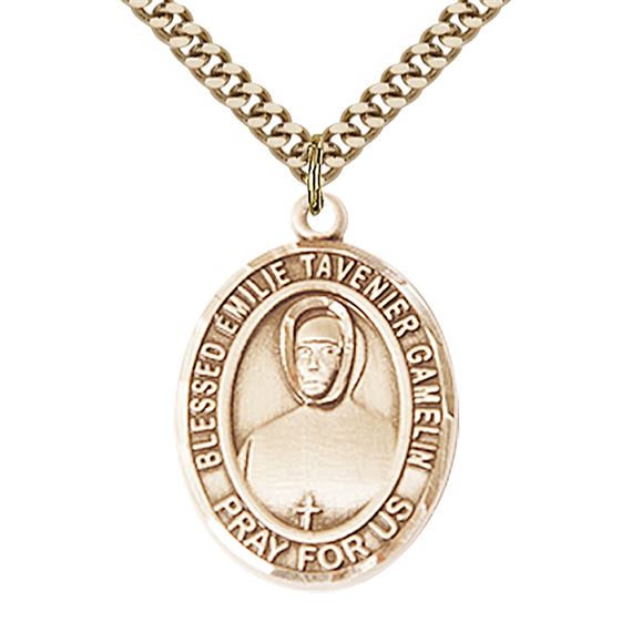 14KT GOLD FILLED BLESSED EMILIE TAVERNIER GAMELIN PENDANT WITH CHAIN - 1" x 3/4"