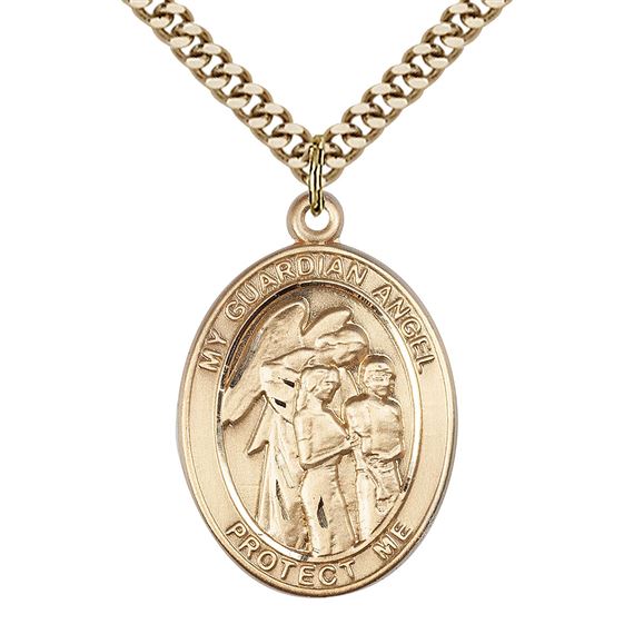 14KT GOLD FILLED GUARDIAN ANGEL W-CHILDREN PENDANT WITH CHAIN - 1" x 3/4"
