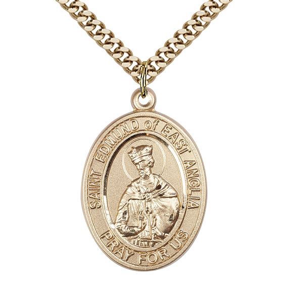 14KT GOLD FILLED ST EDMUND OF EAST ANGLIA PENDANT WITH CHAIN - 1" x 3/4"