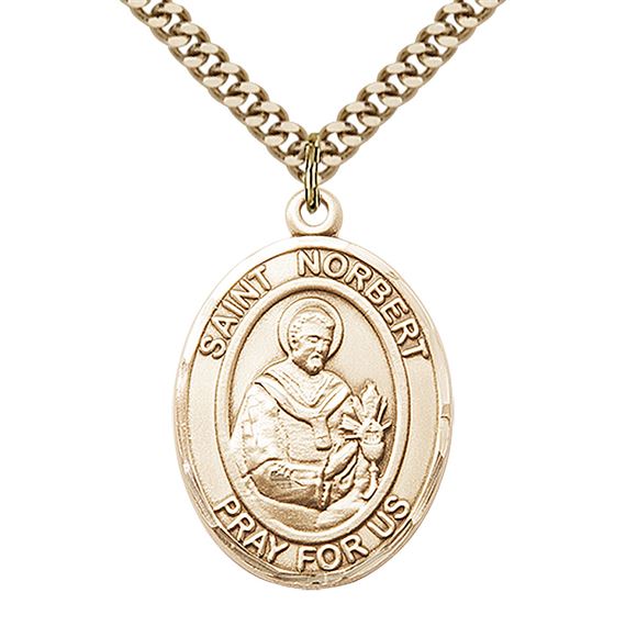 14KT GOLD FILLED ST NORBERT OF XANTEN PENDANT WITH CHAIN - 1" x 3/4"
