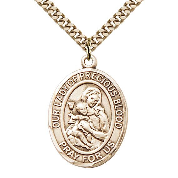14KT GOLD FILLED OUR LADY OF THE PRECIOUS BLOOD PENDANT WITH CHAIN - 1" x 3/4"