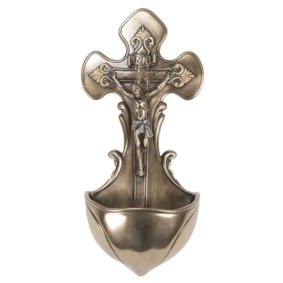 CRUCIFIX HOLY WATER FONT IN COLD CAST BRONZE