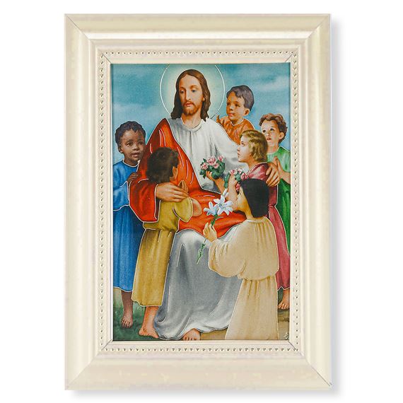 CHRIST WITH CHILDREN - WHITE PEARL FRAME - 5½” x 7"