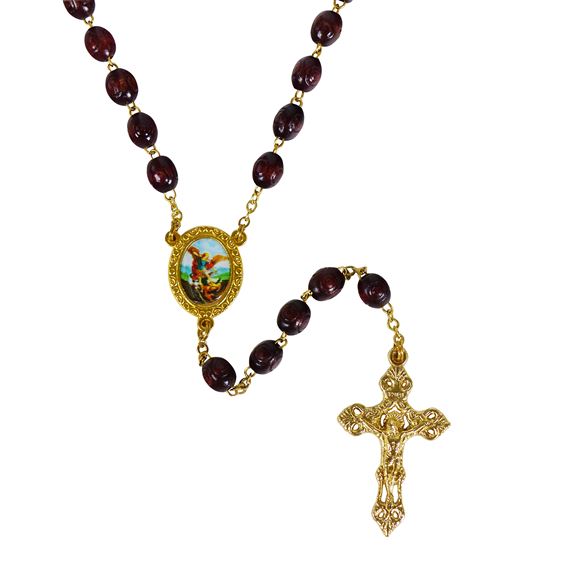 ST. MICHAEL WOOD BEAD ROSARY