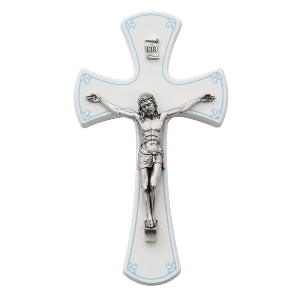 WHITE WOOD CRUCIFIX WITH BLUE TRIM