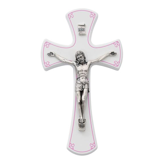 WHITE WOOD CRUCIFIX WITH PINK TRIM