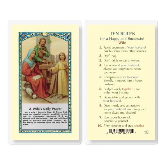 LAMINATED HOLY CARD - TEN RULES - WIFE