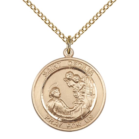 14KT GOLD FILLED ST CECILIA PENDANT WITH CHAIN - 3/4" x 5/8"