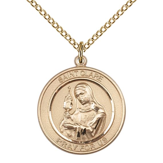 14KT GOLD FILLED ST CLARE OF ASSISI PENDANT WITH CHAIN - 3/4" x 5/8"