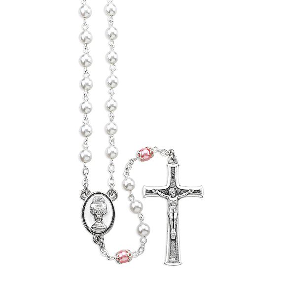 WHITE & PINK PEARLIZED BEAD EUCHARISTIC ROSARY
