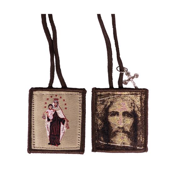 HOLY FACE BROWN WOOL SCAPULAR WITH CRUCIFIX