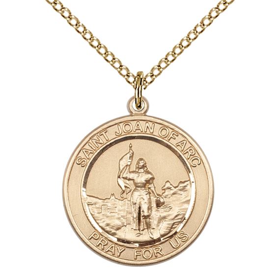 14KT GOLD FILLED ST JOAN OF ARC PENDANT WITH CHAIN - 3/4" x 5/8"